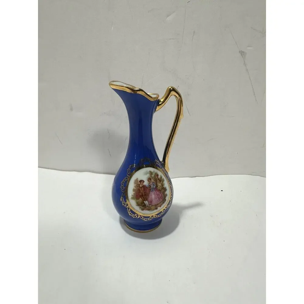 Limoges‎ France Blue Cobalt / Gold Miniature Pitcher vase W/ Courting Couple